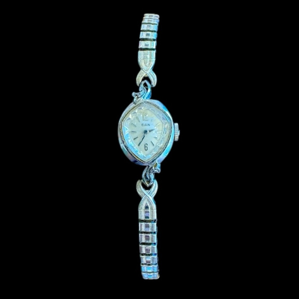 Vintage Ladies Silver Elgin Watch Stretchy Bracelet Band - Picture 3 of 9